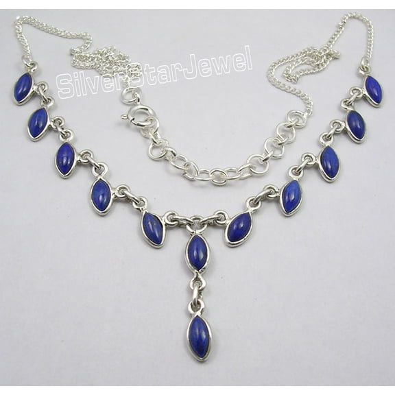 SilverStarJewel 925 Pure Silver Genuine Lapis Lazuli Handmade Curb Chain Necklace 17.9"
