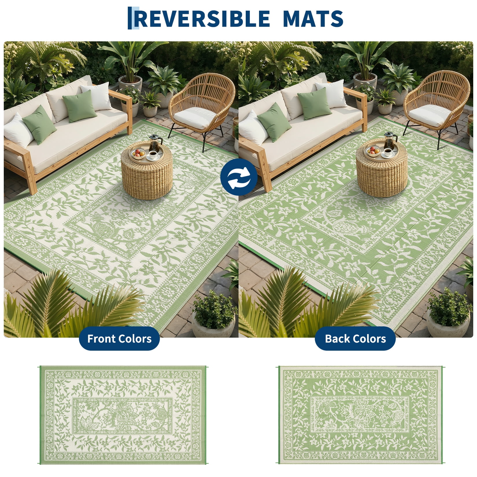 Garvee Outdoor Rug 9x12ft Waterproof Reversible Foldable Plastic Straw Rug, Modern Floral Border Outdoor Mat for Patio, Camping, RV, Deck, Porch, Balcony, Gray Green