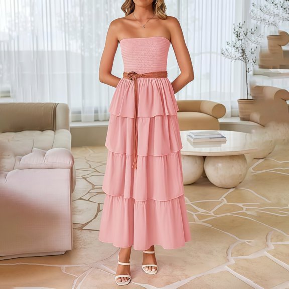 Aellinatey Women‘s Maxi Dress Casual Sleeveless Off Shoulder Smocked Tiered Beach Long Sundress