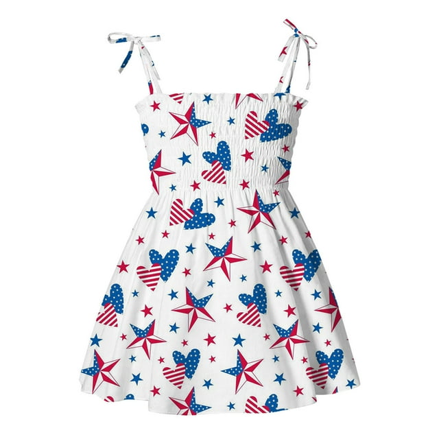 vdgthytj Robe 4 Juillet pour Tout-Petites Filles Étoiles Rayées Bretelles à Nouer Robe Smockée Robe d'Été Trapèze Robe de Fête d'Été
