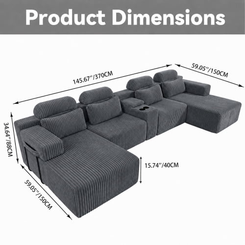 145.7 Inch Oversized U-Shaped Modular Sectional Sofa with Lounge Chaise, Cup Holders & Hidden Storage - Compression Sofa for Home Theater & Luxury Living Room, Dark Gray