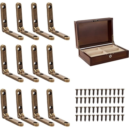 12 Pcs Small Mini Bronze Hinges for Wooden Jewelry Boxes, 90 Degree Stop Lid Support, 1.18x1.18x0.23 Inch Zinc Alloy Hardware with Mounting Screws, Antique Decorative Style for Crafts