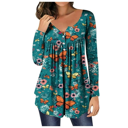 

Fall Shirts for Women 2022 Trendy Floral Print Hide Belly Tops V-neck Blouses Buttons Up Tee Flowy Pleated Tunics