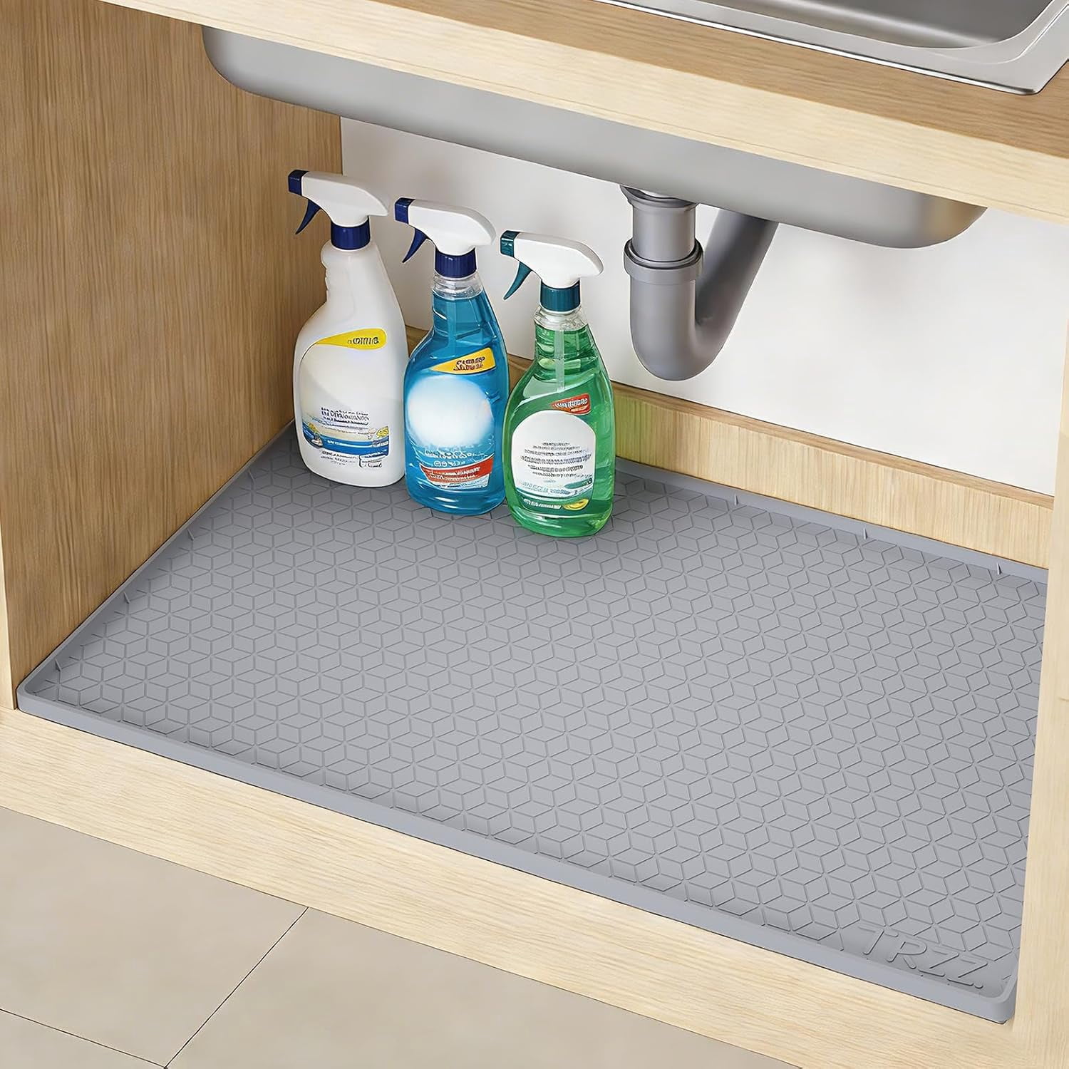 RGHJAR-Silicone Waterproof Under Sink Mat 34" x 19", Drip Tray and Cabinet Liner for Kitchen and Bathroom, Prevents Water Damage and Organizes Cabinets (Grey)