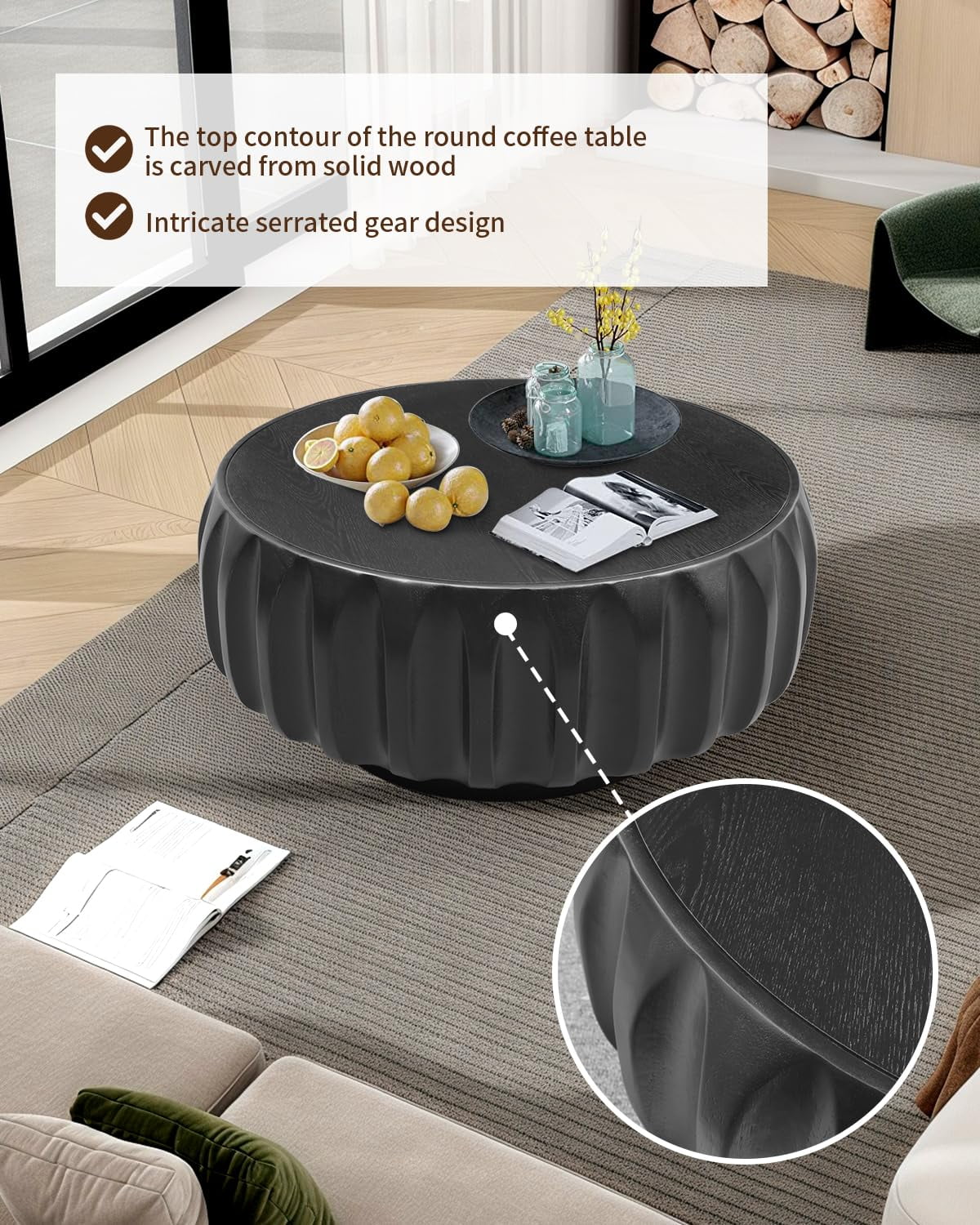 31.5" Round Drum Coffee Table, Fluted Design with Black Solid Wood Veneer for Contemporary Living Room
