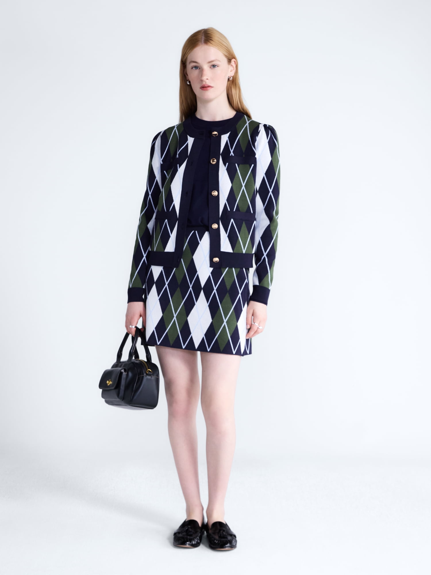 Free Assembly Women's and Women's Plus Argyle Cardigan Sweater with Puff Sleeves, Midweight, Sizes XS-4X