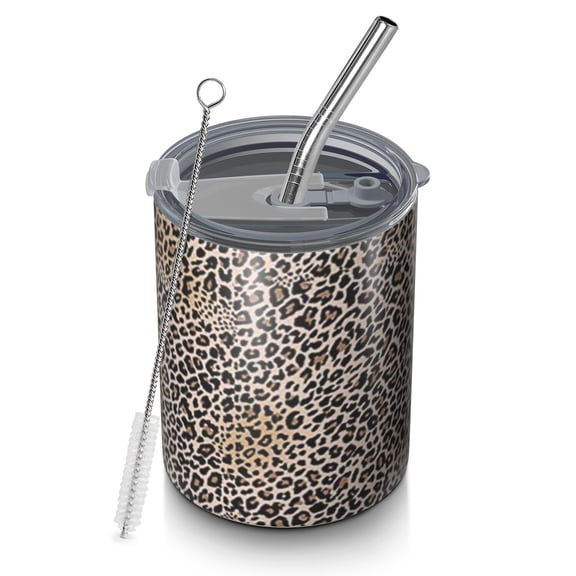 12oz Coffee Tumblers Black and Tan Leopard Print Stainless Steel Vacuum Insulated Travel Tumbler Coffee Cups Mug with Lid and Straw with Cleaning Brush for Cold & Hot Drinks