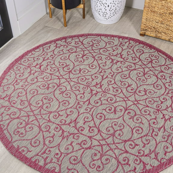 JONATHAN Y SANTA MONICA 5' Round Area Rug, Madrid Vintage Filigree Textured Weave - Light Gray/Fuchsia, SMB107I-5R