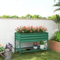 Outsunny Galvanized Raised Garden Bed, Metal Planter Box with Legs, Storage Shelf and Bed Liner, Green