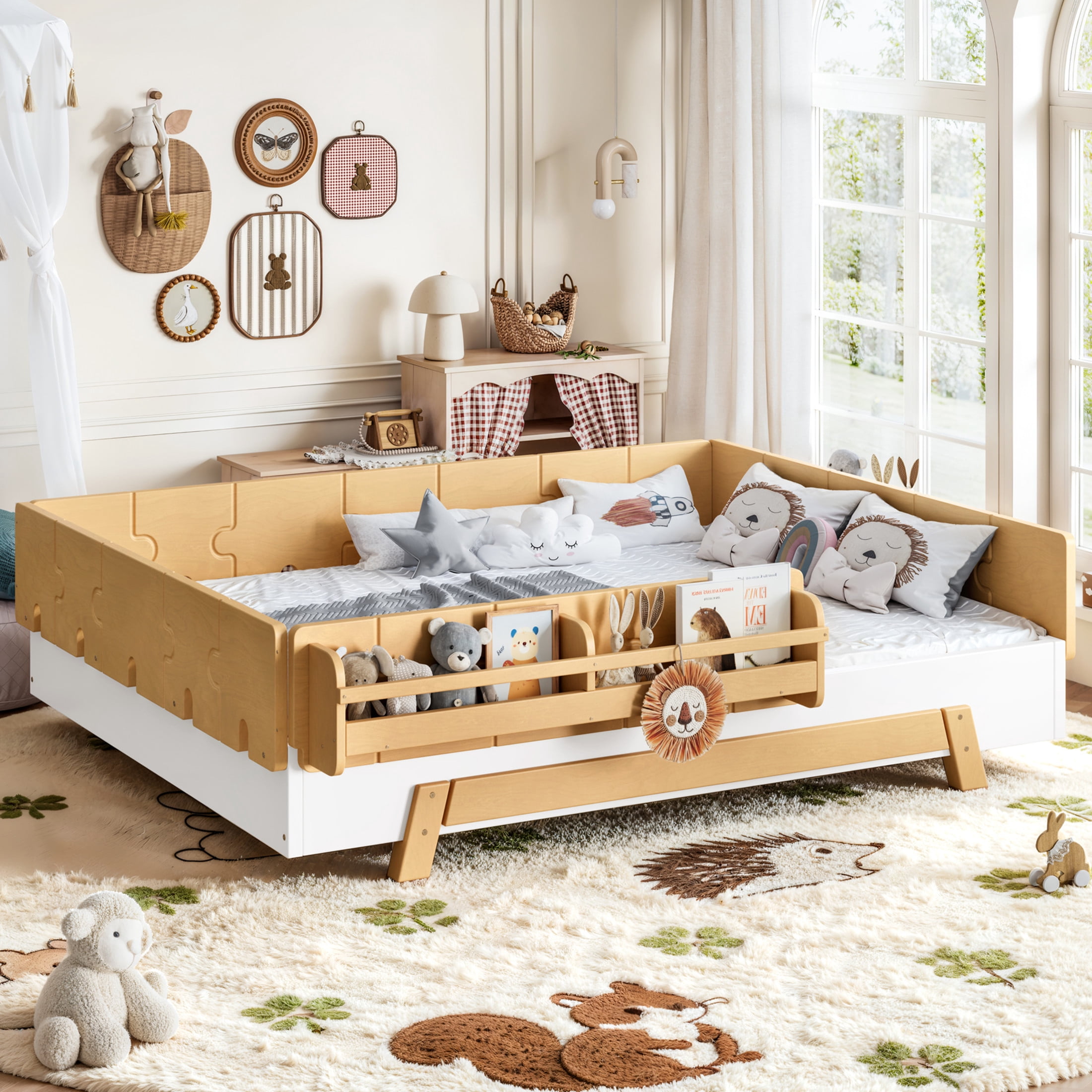 GDF Studio Full Size Montessori Floor Bed with Guardrails & Bookshelves, Building Block Design, White+Natural
