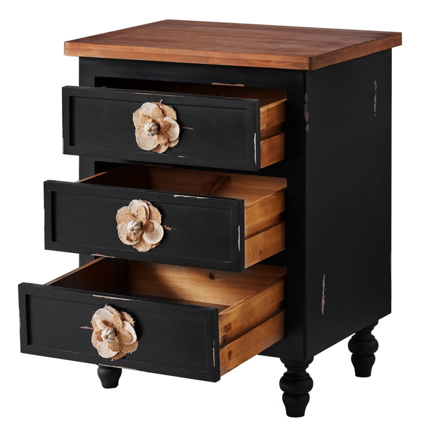 Vintage Farmhouse Nightstand, 3 Drawer Rustic End Table with Floral Knobs and Gourd Legs, Distressed Antique Black Bedside Storage Cabinet for Bedroom Living Room