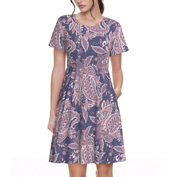 Spring Summer Dresses for Women 2025 - Paisley Purple Wedding Guest Dresses, Beach Vacation Clothes, Hawaiian Sundresses Casual Short Sleeve Dress for Women with Pockets