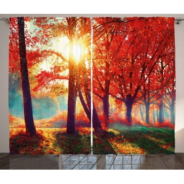 Ambesonne Tree Curtains 2 Panel Set, Foggy Autumnal Park Scenic, 108" x 63", Orange Yellow Teal