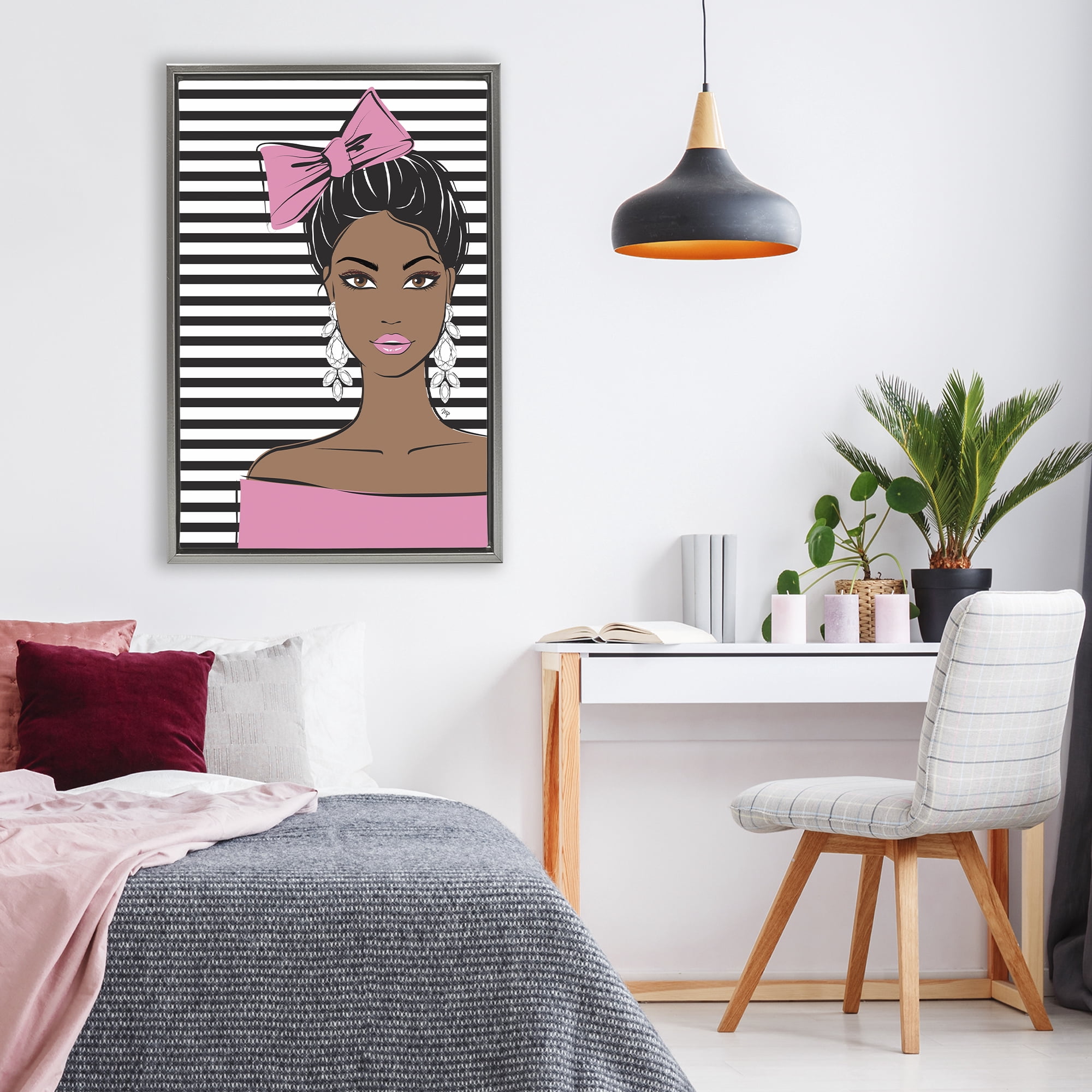 Stupell Industries Girl with Bow & Jewel Earrings Gray Framed Floater Canvas Wall Art, design by Martina Pavlova