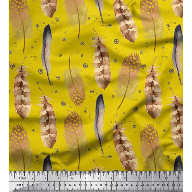 Soimoi Yellow Moss Georgette Fabric Eagle Feather Printed Fabric 1 Yard 44 Inch Wide