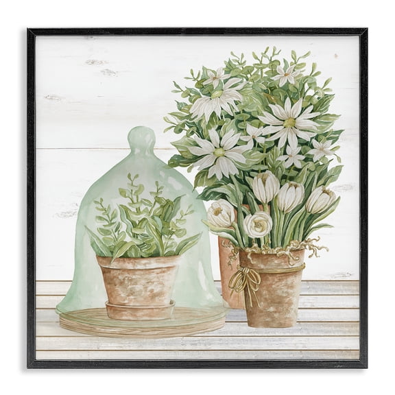 Stupell Industries Farmhouse Traditional Country Floral Tabletop Still Life Plant Cloche Black Framed Giclee Art, 12 x 12, by Cindy Jacobs