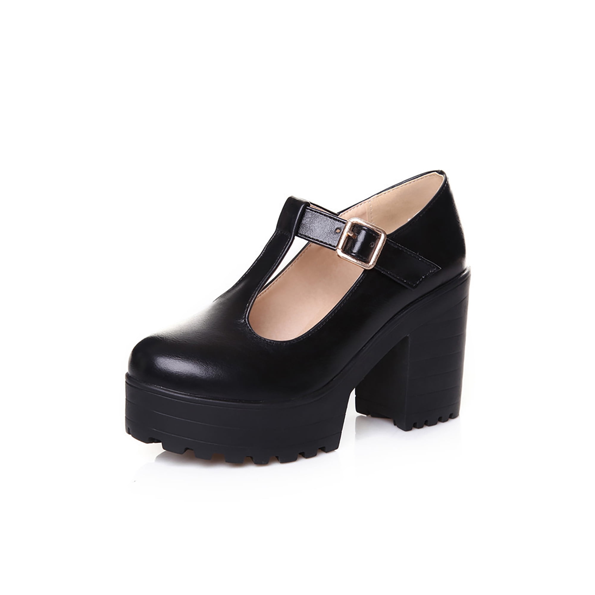 Woobling Womens Pumps Chunky Heel Sandals T Strap High Heels Fashion Mary Jane Work Comfortable Ankle Strap Dress Shoes Black US 4