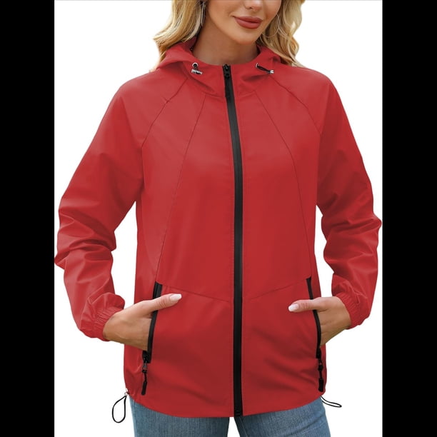 Chaqueta Impermeable para Mujer, Cortavientos, Impermeable, con Capucha, Plegable y Bolsillos. Rojo XL