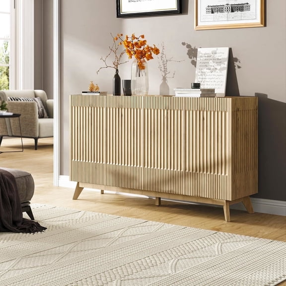 Fatmok Modern Fluted Buffet Sideboard Cabinet with Storage, 2-Door Coffee Bar Cabinet with Adjustable Shelves for Dining Room, Kitchen, Living Room, White