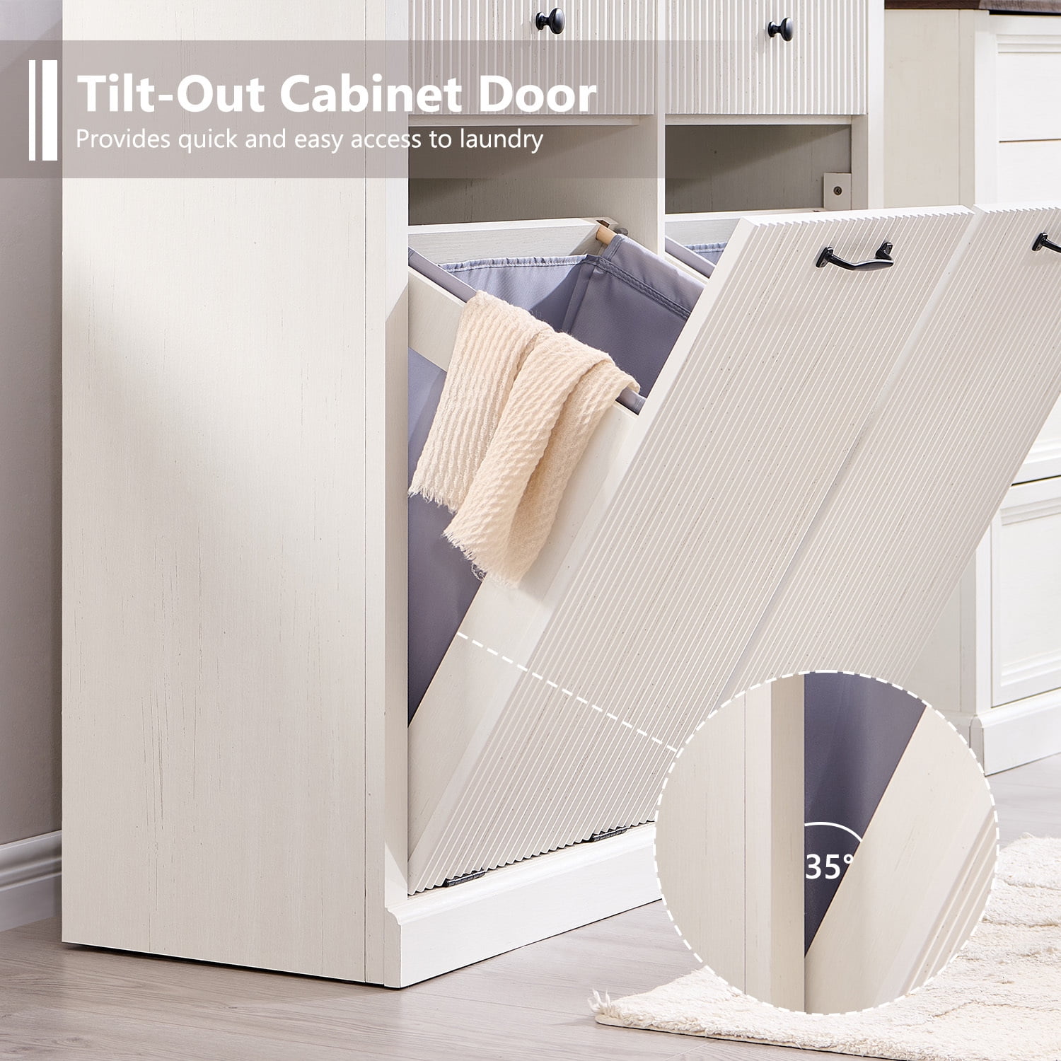 IFGET Double Fluted Tilt-Out Trash Can Cabinet, 20 Gallon Wood Hidden Garbage Can Cabinets with Storage Drawers, Laundry Hamper Cabinet for Bathroom, Kitchen
