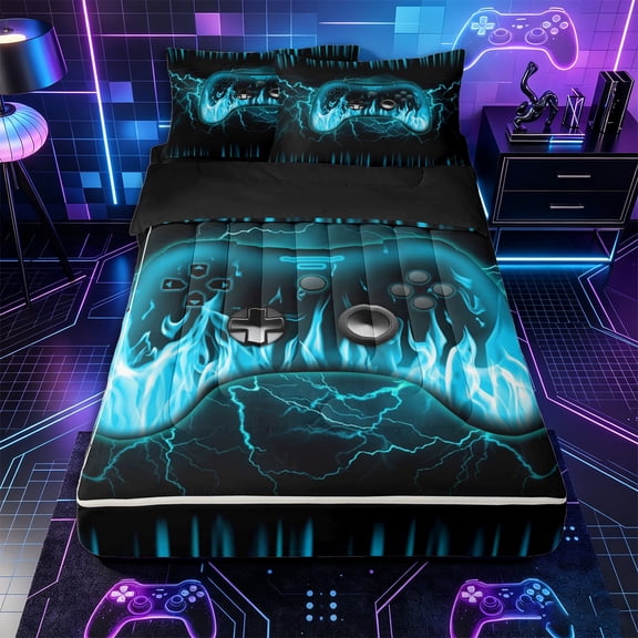 Erosebridal Neon Gaming Pattern Zipper Twin Comforter Sets with Fitted Sheet and 2 Pillowcases,Game Controller Print Zipper Bedding Set,Cyan Black,Black Reversible