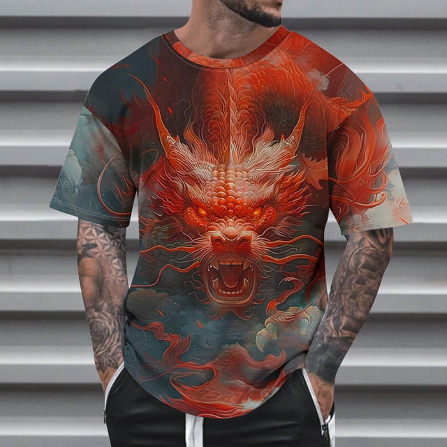 Qertyioot Été Mode Casual Hommes Col Rond Imprimé T-shirt Top Humidité Mèche Performance Manches Courtes