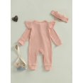 thumbnail image 4 of aturustex Infant Baby Girls Solid Zipper Rompers 0 3M 6M 12M Newborn Ruffles Long Sleeve Jumpsuits Crew Neck Ribbed Bodysuits with Headband Toddler Fashion Casual Basic Daily Spring Fall Clothes, 4 of 7