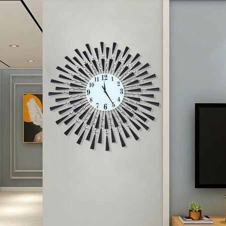 27 . 6 in Round Wall Clock Black & White Modern Large Mirror Clock with Simulated Diamond Accents &