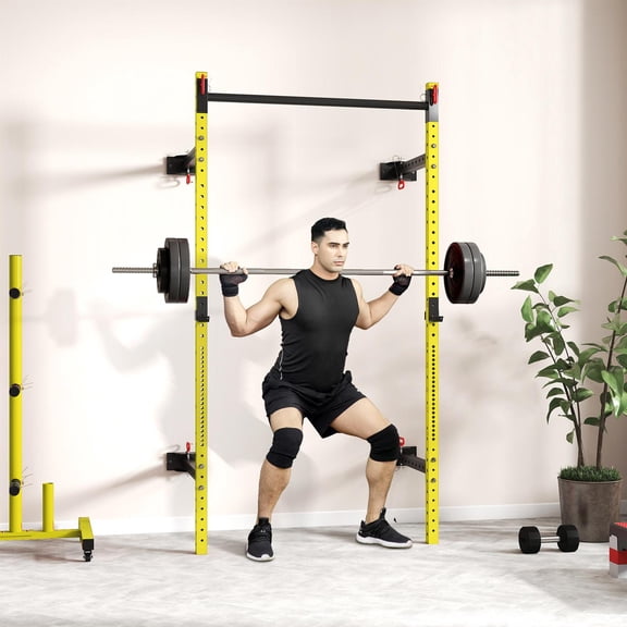 Demi Bonn Folding Squat Rack with Pull Up Bar - Wall Mounted, Adjustable 1000 LBS Capacity Power Rack ,Yellow