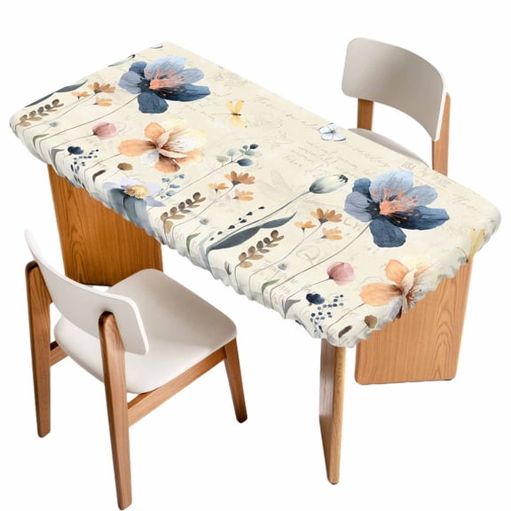 Blue Yellow Flowers Table Cloths for 4 Foot Rectangle Tables, Spring Summer Garden Wildflowers Retro Patio Waterproof Elastic Fitted Tablecloths, Washable Rectangular Table Cover for Camping