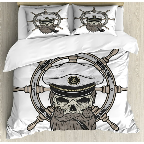 Skull Duvet Cover Set, Captain Pirate in Sailor Hat Beard and Nautical Theme Print Nautical, Decorative 3 Piece Bedding Set with 2 Pillow Shams, Calking Size, White Brown Grey, by Ambesonne