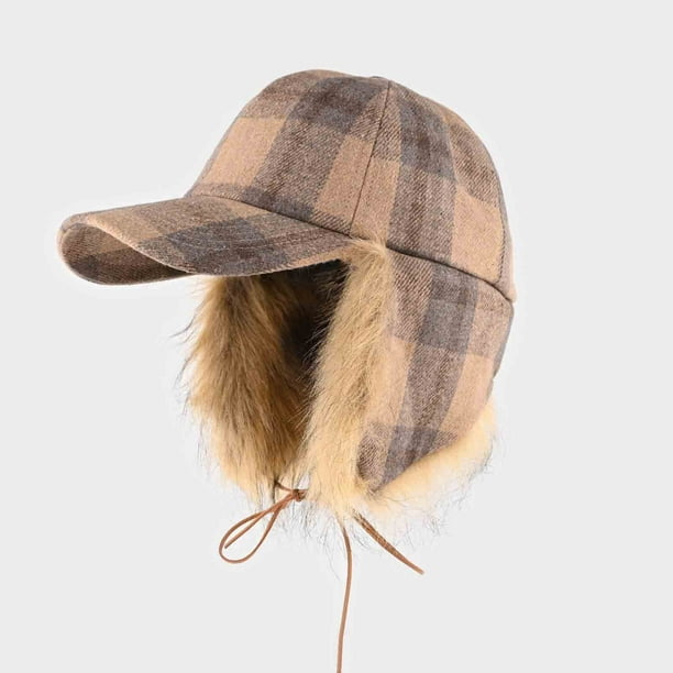 Gorra de béisbol unisex de poliéster con cordones y protección para las orejas, de pelo largo y imitación de cuadros, para hombre y mujer.