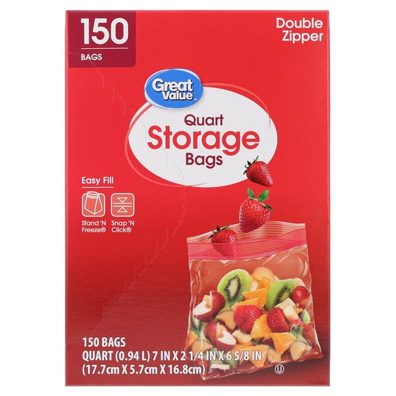Great Value Quart Storage Bags with Double Zipper, 150 Count