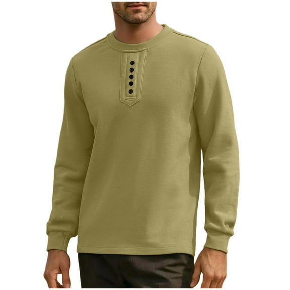 KeShDi Dress Shirts for Men Oversized Tshirts for Men Men's Solid Color Long Sleeved Round Neck Warm Fleece Pullover Sweatshirt Khaki 3X