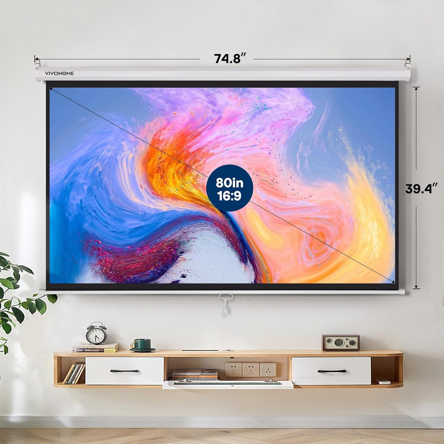 SPECSTAR 80 inch Manual Pull Down Projector Screen, 16:9 HD Retractable Projector Screens for Movie Home Theater Cinema Office Video Game, White