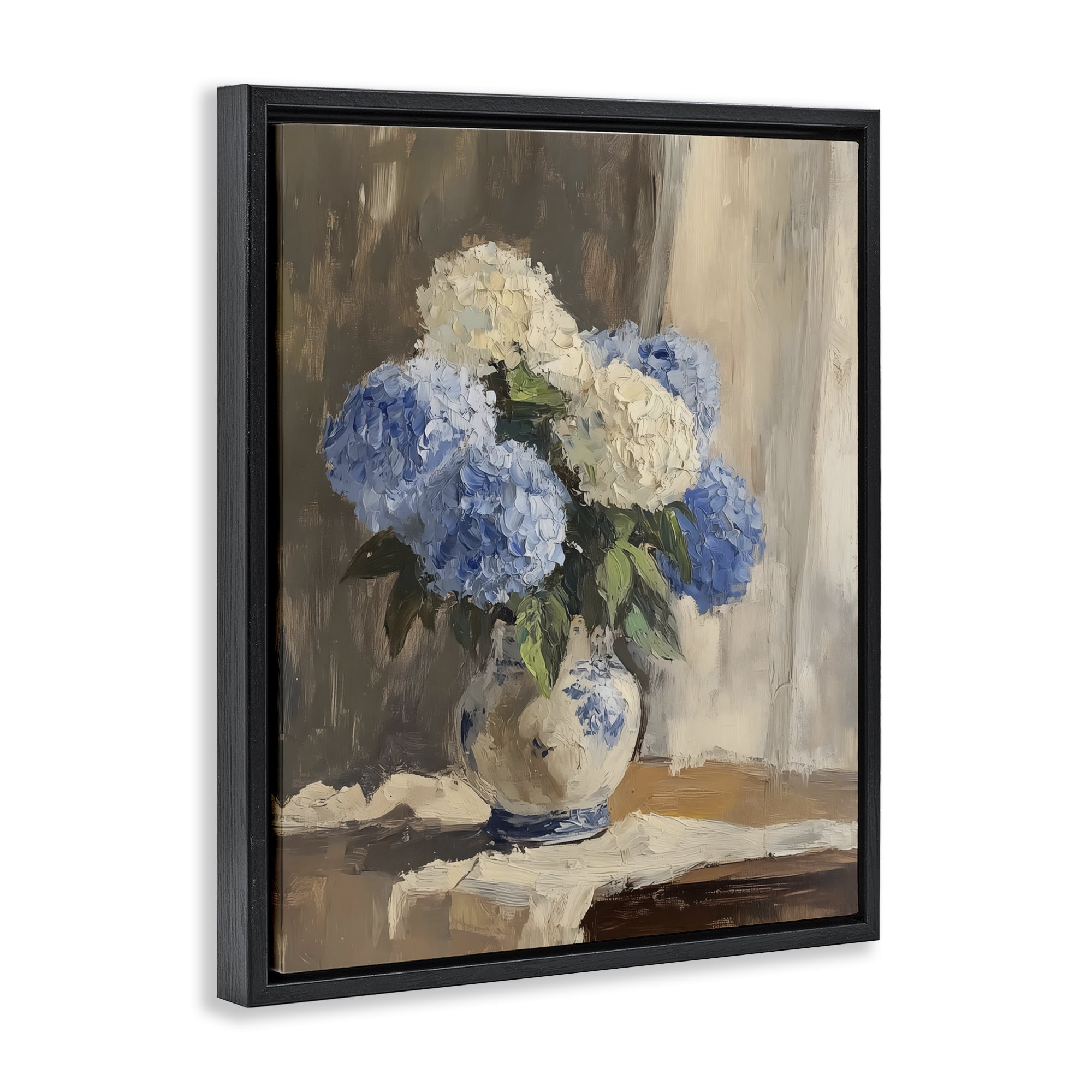 Stupell Industries Vintage Hydrangea in Ceramic Vase Black Framed Floater Canvas Wall Art, design by LSR Design Studio