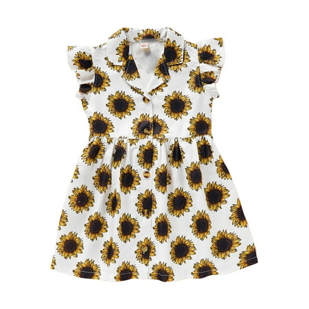

KIMI BEAR Infant Girls Dress 18 Months Infant Girls Summer Dress 24 Months Infant Girls Casual Sunflower Print Lapel Short Sleeve Dress Multi-color