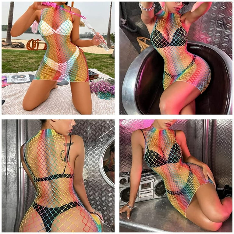 Women Rave Rainbow Striped Push Up Swimsuit Bikini See Through Mesh  Bodysuit Beachwear for Dance Festivals 
