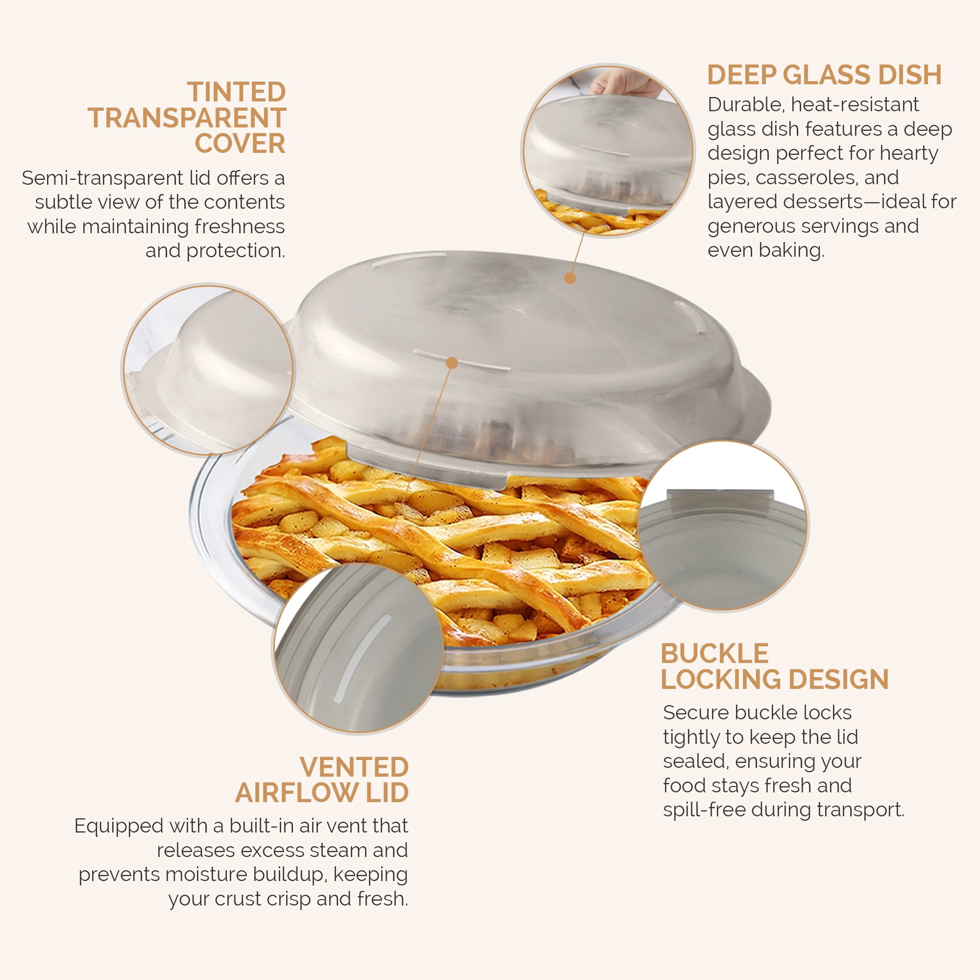 Cook with Color Glass Pie Dish with Lid, 9-inch, BPA-Free Borosilicate, Microwave & Dishwasher Safe