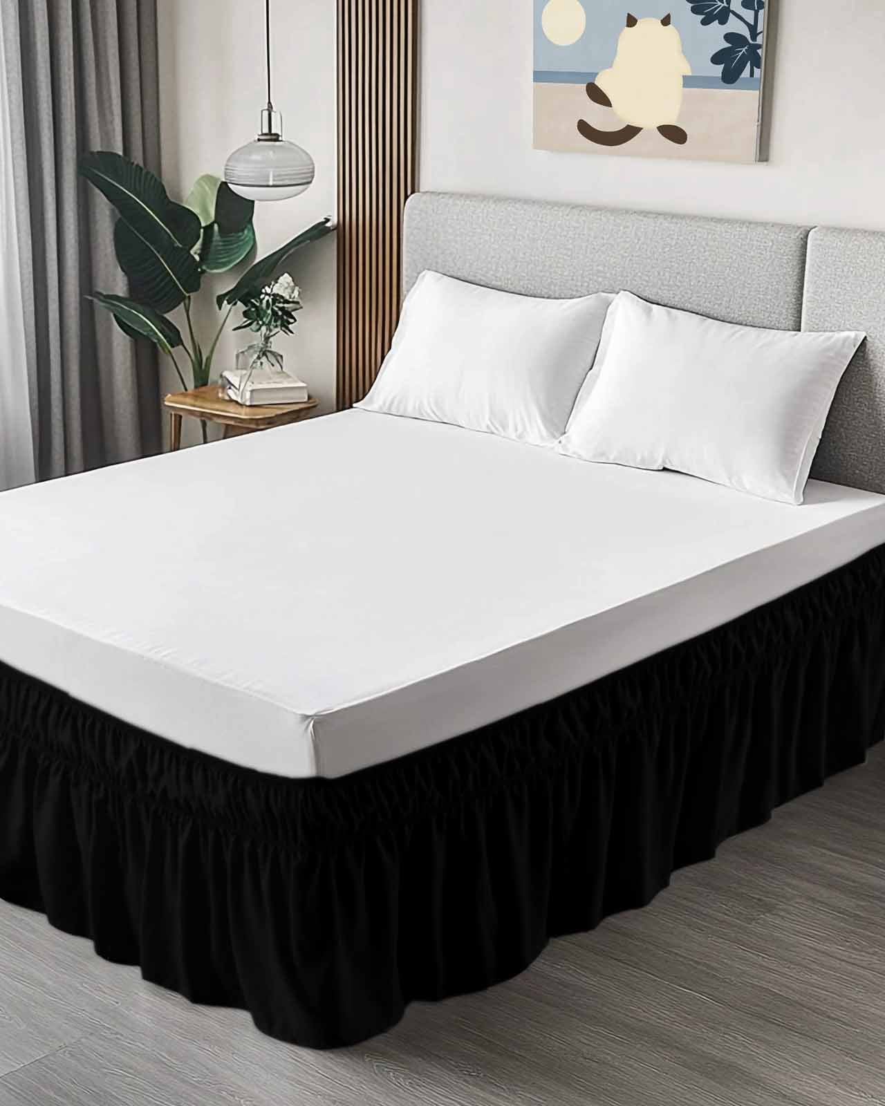Black Bed Skirt Cal King Size, Pure Black Wrap Around Bed Skirting with Adjustable Elastic Strap, Dust Ruffled Pleated Bedskirts 18 Inch Drop for Bedroom Cal King Beds