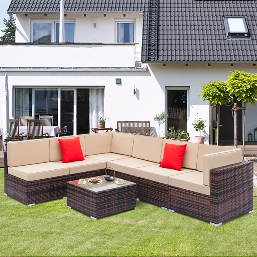 Seizeen Patio Funiture Set, Patio Sectional Sofa with 1 Multifunctional Table & Ottoman, 5-Piece Gray PE Wicker Rattan Sectional Sofa Set for Garden, Poolside, Backyard, Beige Cushions