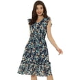 thumbnail image 1 of Vestido De Volantes Fruncidos Con Cuello En V Y Mangas Con Volantes Florales Para Mujer Azul Oscuro Blanco XS, 1 of 5