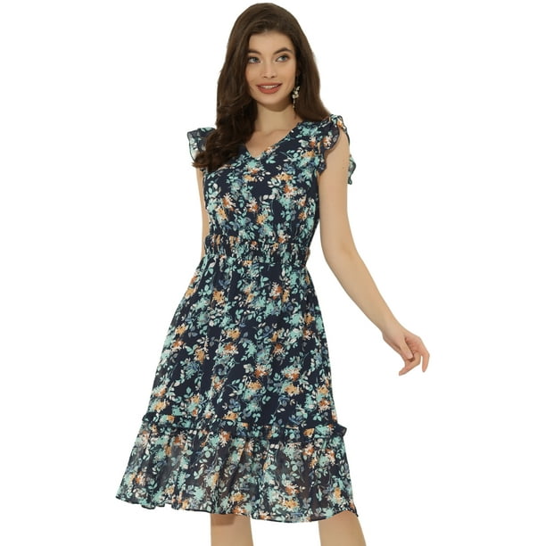 Vestido De Volantes Fruncidos Con Cuello En V Y Mangas Con Volantes Florales Para Mujer Azul Oscuro Blanco XS