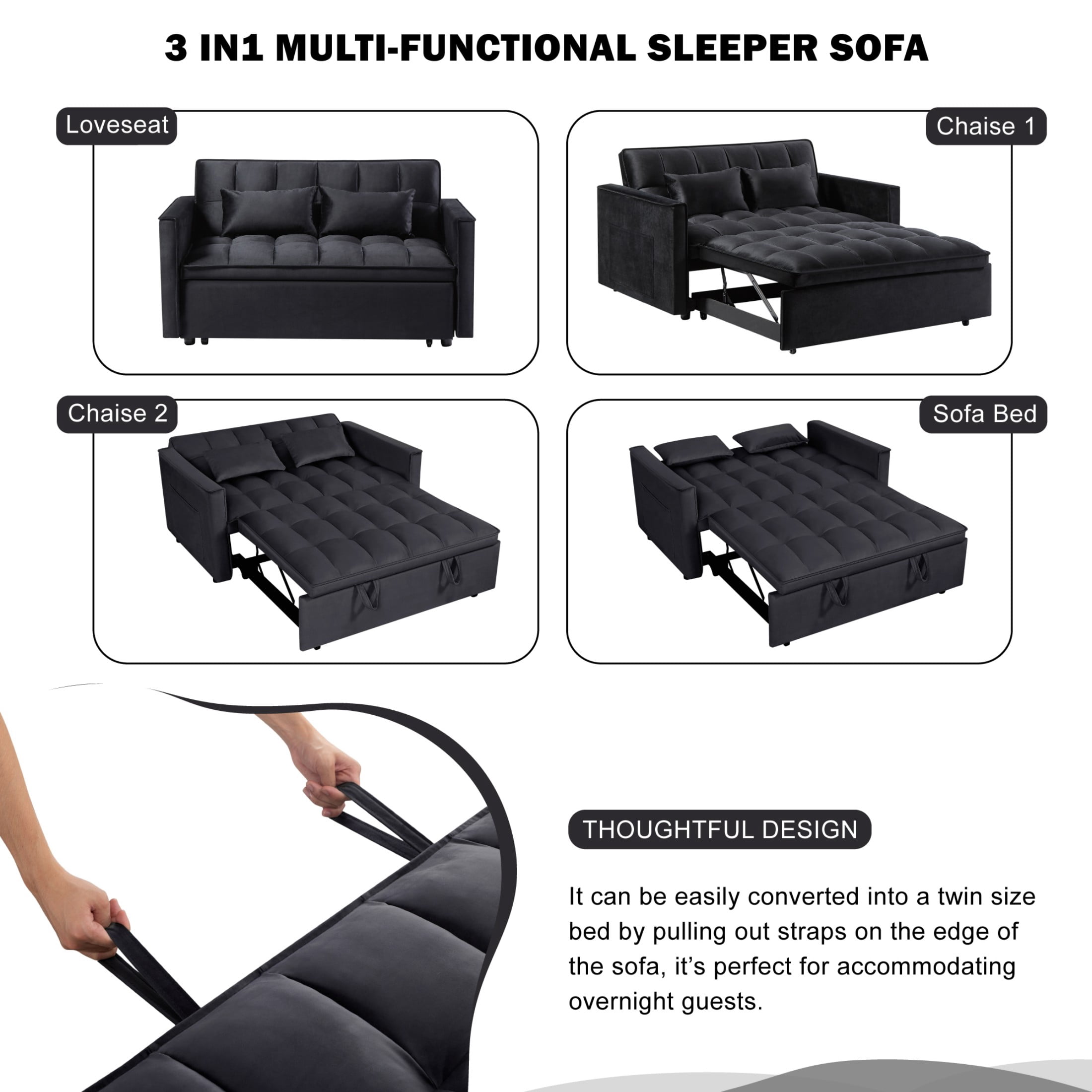 Gewnee 54" Modern Convertible Velvet Futon Sofa Bed with Pull-Out Sleeper and Adjustable Backrest, Loveseat Couch for Living Room or Office (Black)