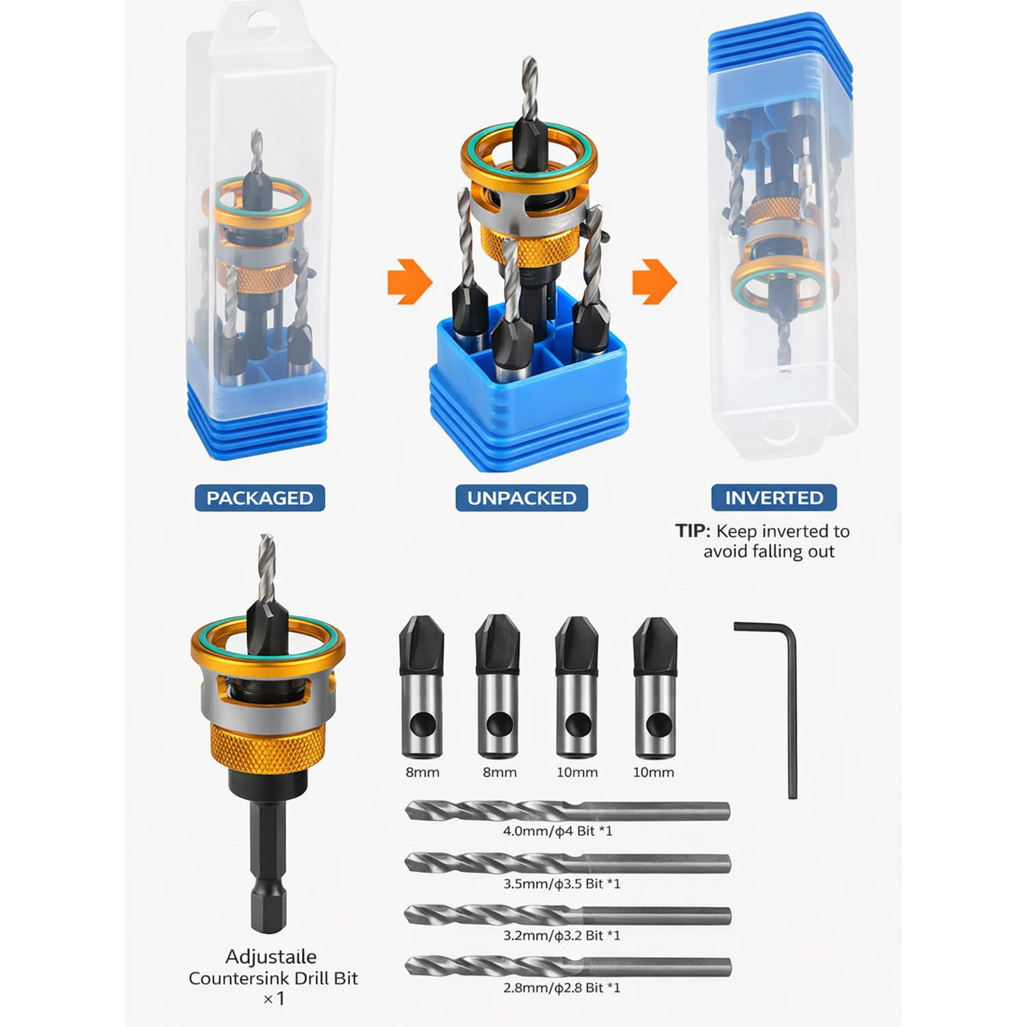 Countersink Drill Bit Set with Depth Stop,4PCS Four-Flute Tapered Drill Bits and Adjustable Depth Stop Collar with Controlled Depth, for Woodworking, Cabinetry