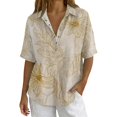 thumbnail image 2 of Endives Women's Linen Shirt Short Sleeve Shirt Collared Blouse for Women Casual Button Down Shirt Beach Vacation Outfits Hawaiian Shirt for Women Beige M, 2 of 7