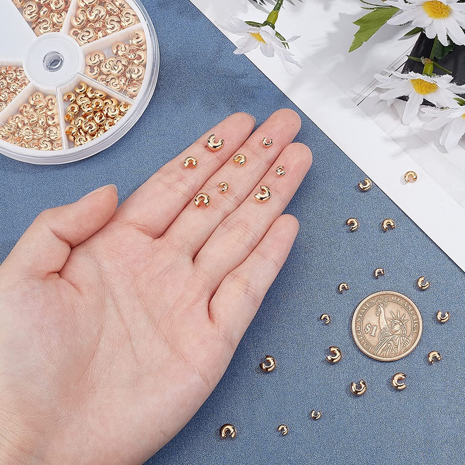 300pcs 18K Gold Plated Crimp Bead Covers 3 Sizes Half Round Open Knot Cover Brass Cord End Caps Gold Jewelry Findings for Earring Bracelet Necklace Jewelry DIY Craft Making 3.5/4.5/5.5mm Gold