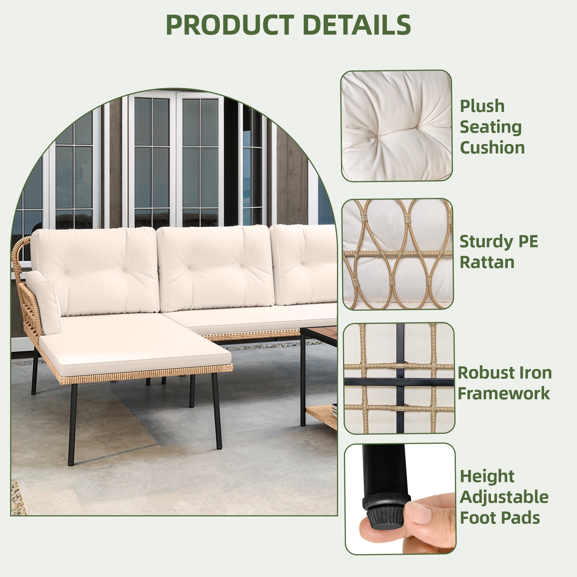 Uforic 3-Piece Patio Furniture Set, Indoor Outdoor Wicker Conversation Set of Sectional L-Shaped Sofa with Cushions and Coffee Table, Beige