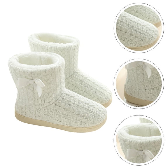 Homoyoyo Durable White Knitted Winter Boots, Non-Slip Rubber, Cozy Home Shoes 1Pair