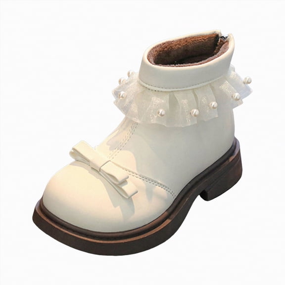 Gvdentm Size 12 Girls Boots Girls Mid-Calf Boots Chunky Low Heel Back Zip Booties Pearl Trim Riding Boot Pu Leather Hiking Outdoor Combat Shoes(White,3)